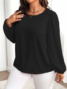 Velvienne Plus Size Women's Elegant Solid Color Minimalist Round Neck Long Sleeve Blouse Fall - Black - View 7
