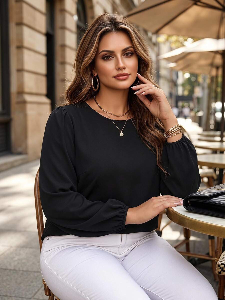 Velvienne Plus Size Women's Elegant Solid Color Minimalist Round Neck Long Sleeve Blouse Fall - Black - View 1