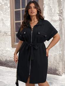 Breezaya Plus Size Solid Color Zipper Belted Batwing Sleeve Summer Dress Maxi Women Outfit - Black - View 1