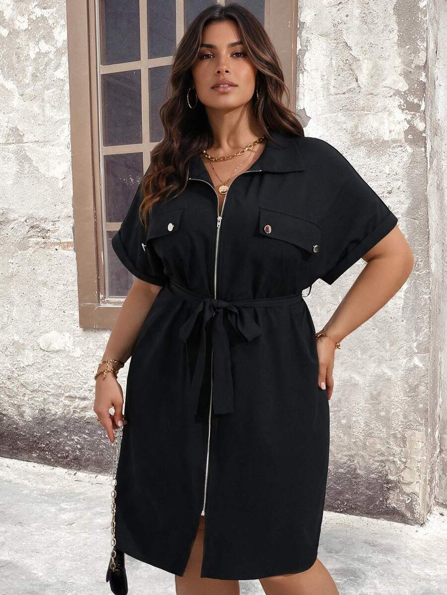 Breezaya Plus Size Solid Color Zipper Belted Batwing Sleeve Summer Dress Maxi Women Outfit - Black - View 1