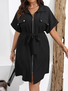 Breezaya Plus Size Solid Color Zipper Belted Batwing Sleeve Summer Dress Maxi Women Outfit - Black - View 5