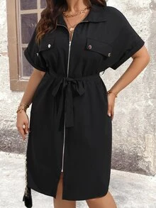 Breezaya Plus Size Solid Color Zipper Belted Batwing Sleeve Summer Dress Maxi Women Outfit - Black - View 4