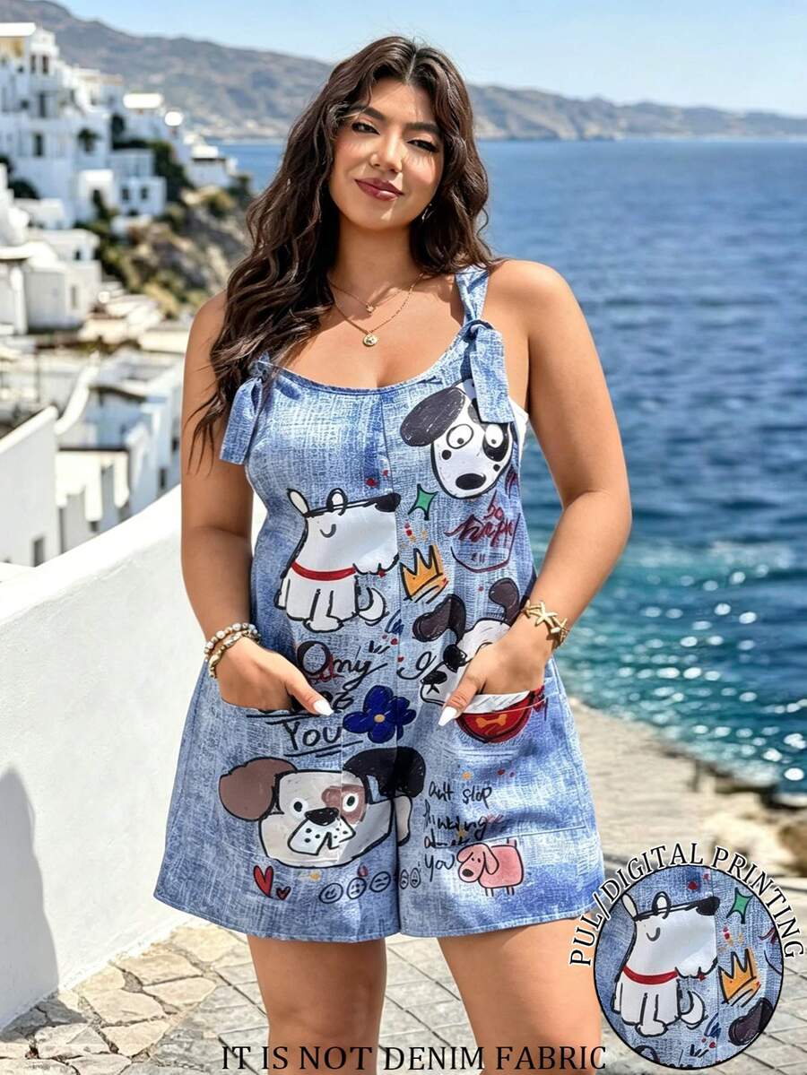 Breezaya Plus Size Summer Blue Cartoon Animal Print Romper,Loose Comfortable Casual Holiday Beach Vacation Romper,Fashionable For Rural Vacation - Multicolor - View 1
