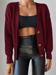 EURMUSE Drop Shoulder Button Front Cardigan - Burgundy - View 5