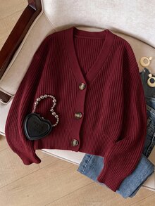 EURMUSE Drop Shoulder Button Front Cardigan - Burgundy - View 2