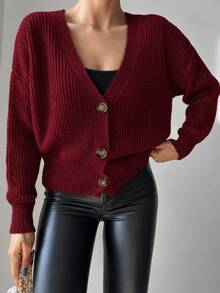 EURMUSE Drop Shoulder Button Front Cardigan - Burgundy - View 7