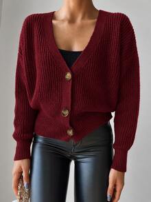EURMUSE Drop Shoulder Button Front Cardigan - Burgundy - View 8