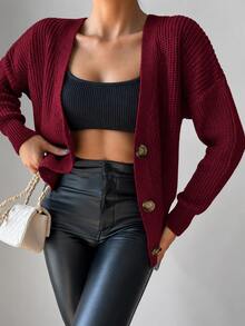 EURMUSE Drop Shoulder Button Front Cardigan - Burgundy - View 4