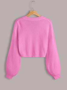 EURMUSE Women's Solid Color Lantern Sleeve Button Front Ribbed Knit Cardigan - Hot Pink - View 2