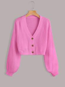 EURMUSE Women's Solid Color Lantern Sleeve Button Front Ribbed Knit Cardigan - Hot Pink - View 3