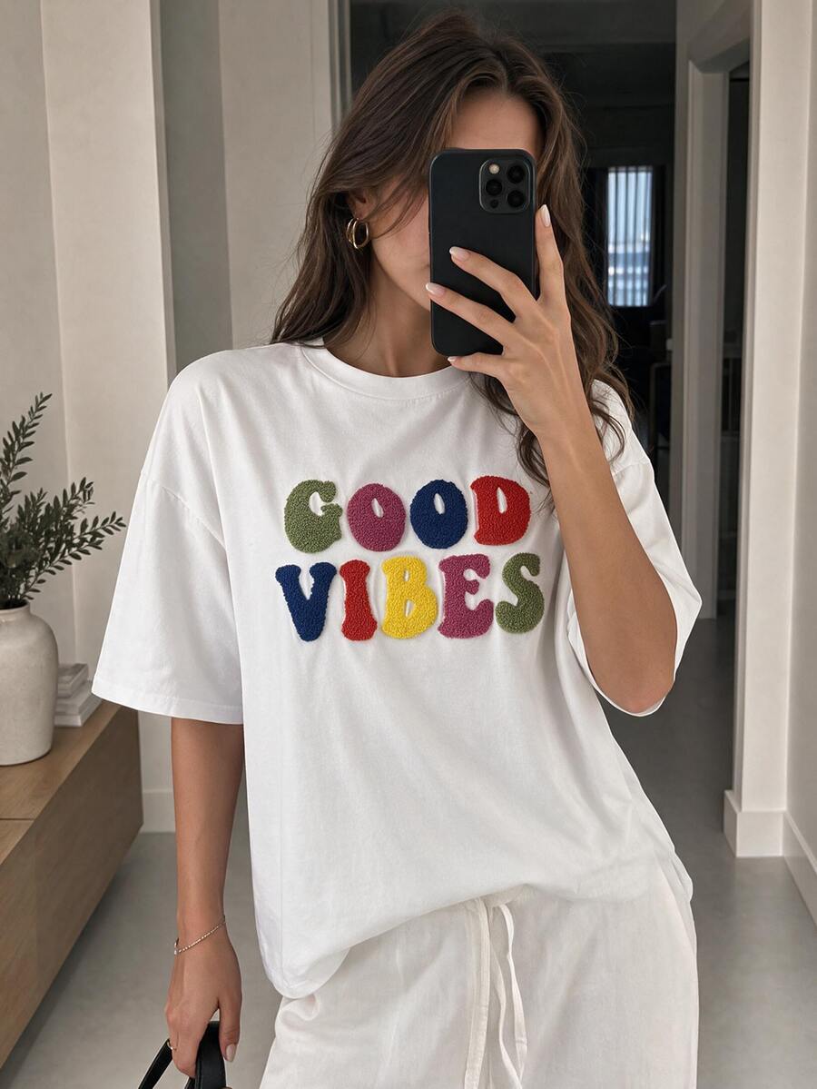 EURMUSE Slogan Pattern Drop Shoulder Tee - White - View 1