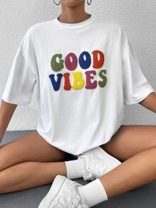 EURMUSE Slogan Pattern Drop Shoulder Tee - White - View 3