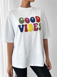 EURMUSE Slogan Pattern Drop Shoulder Tee - White - View 6