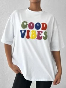 EURMUSE Slogan Pattern Drop Shoulder Tee - White - View 4