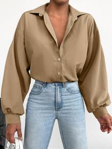 EURMUSE Solid Drop Shoulder Button Front Shirt - Khaki - View 5