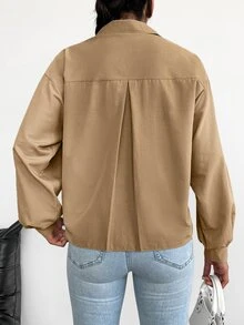 EURMUSE Solid Drop Shoulder Button Front Shirt - Khaki - View 2