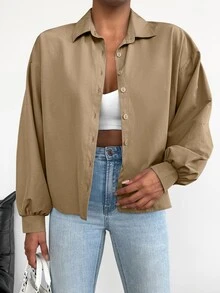 EURMUSE Solid Drop Shoulder Button Front Shirt - Khaki - View 6