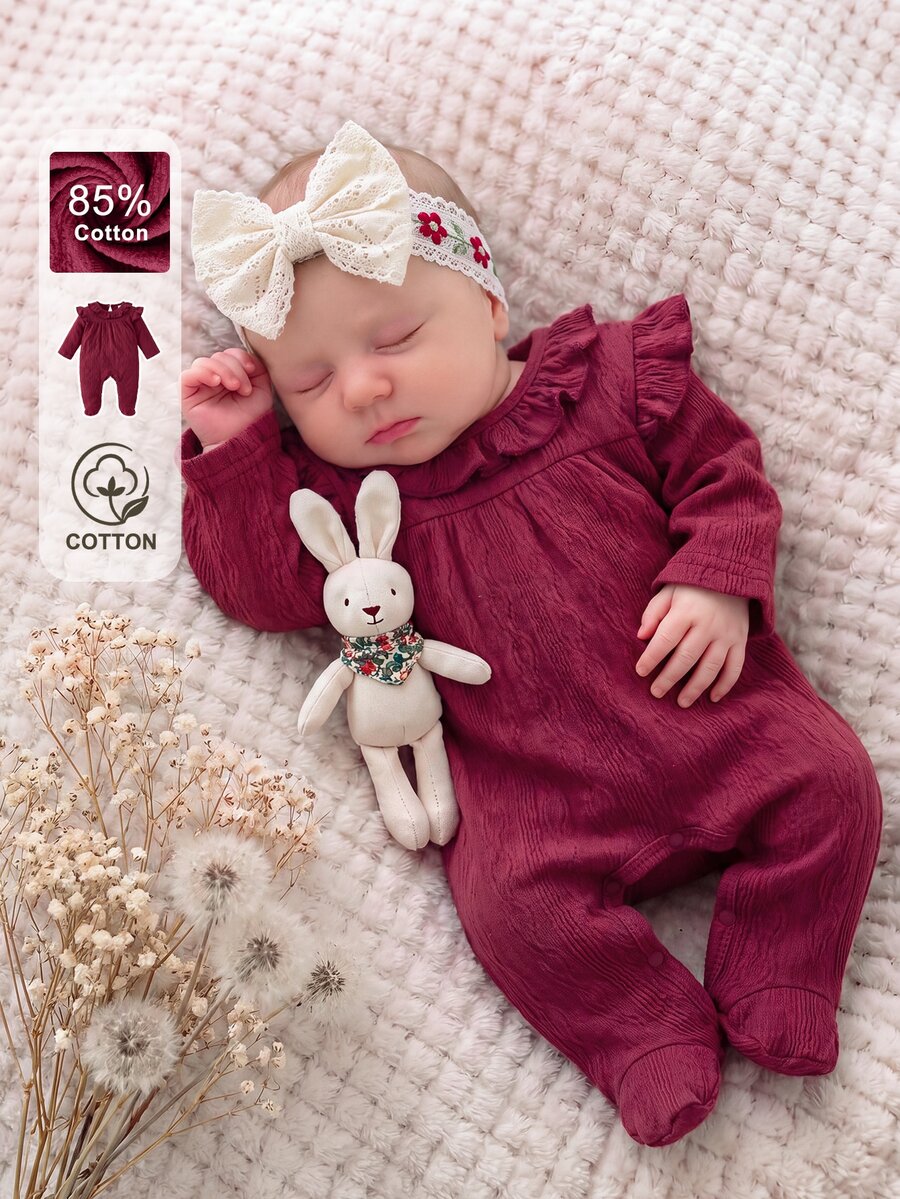 SHEIN Newborn Spring/Autumn Baby Girl Skin-Friendly Solid Color Cotton Footed Jumpsuit 0-9 Months Sweet Ruffle Collar Long Sleeve Snap Button Easy On/Off Crawl Suit - Burgundy - View 1