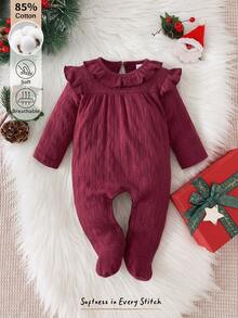 SHEIN Newborn Spring/Autumn Baby Girl Skin-Friendly Solid Color Cotton Footed Jumpsuit 0-9 Months Sweet Ruffle Collar Long Sleeve Snap Button Easy On/Off Crawl Suit - Burgundy - View 6