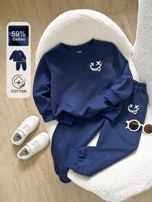 SHEIN 男童 2 件組 秋冬幼兒兒童棉混紡笑臉圖案圓領運動衫與慢跑長褲套裝 秋季服飾 - 藏蓝色 - 查看 1