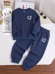 SHEIN 男童 2 件組 秋冬幼兒兒童棉混紡笑臉圖案圓領運動衫與慢跑長褲套裝 秋季服飾 - 藏蓝色 - 查看 6