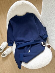 SHEIN 男童 2 件組 秋冬幼兒兒童棉混紡笑臉圖案圓領運動衫與慢跑長褲套裝 秋季服飾 - 藏蓝色 - 查看 5