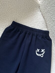 SHEIN 男童 2 件組 秋冬幼兒兒童棉混紡笑臉圖案圓領運動衫與慢跑長褲套裝 秋季服飾 - 藏蓝色 - 查看 10