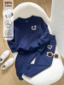 SHEIN 男童 2 件組 秋冬幼兒兒童棉混紡笑臉圖案圓領運動衫與慢跑長褲套裝 秋季服飾 - 藏蓝色 - 查看 7