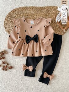 SHEIN 2件組新生兒秋冬針織棉套裝 0-12個月女嬰休閒愛心印花長袖上衣＋素色長褲套裝 - 彩色 - 查看 5