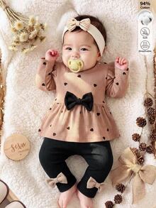 SHEIN 2件組新生兒秋冬針織棉套裝 0-12個月女嬰休閒愛心印花長袖上衣＋素色長褲套裝 - 彩色 - 查看 4