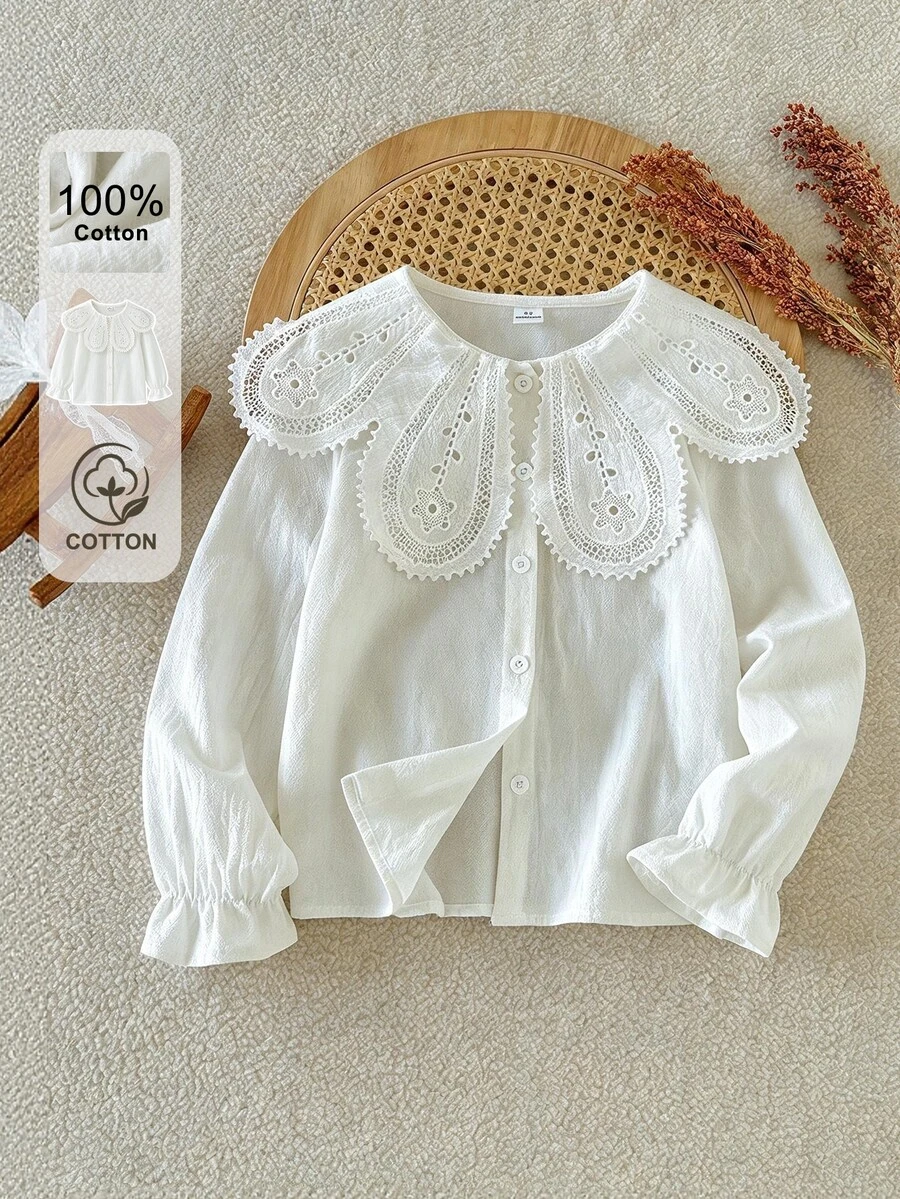 SHEIN 女童優雅刺繡蕾絲花瓣領公主風長袖鈕扣單排扣休閒時尚襯衫,適合校園、度假、旅行、生日派對場合 - 白色 - 查看 1