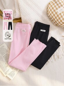 SHEIN 5pcs Random 2pcs Spring Summer All Season Girls Polka Dot Heart Stripe Sweet Cute Versatile Soft Comfortable Ribbed Knit Leggings Multi-Piece Set - Black - View 1