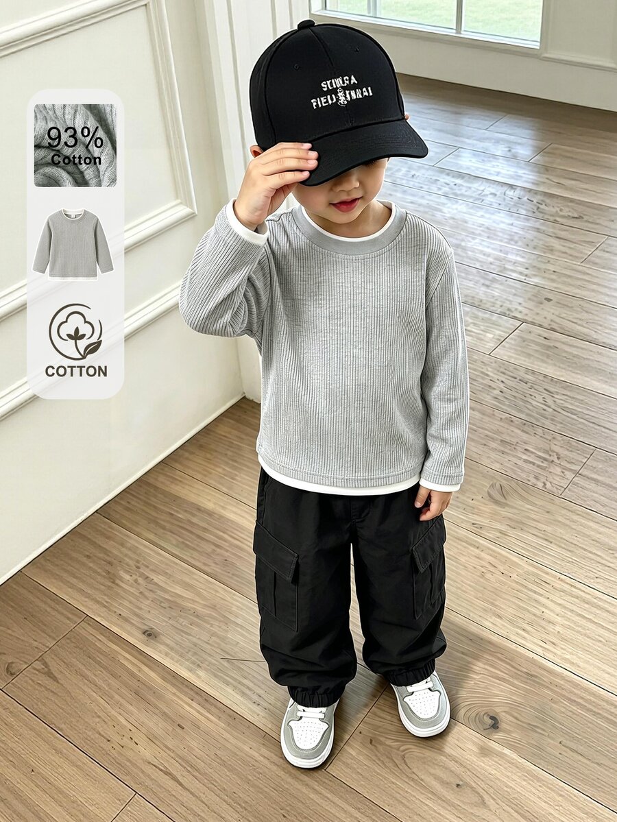 SHEIN Boys' White Ribbed 2 In 1 Long Sleeve Top, Loose Comfortable, Minimalist Versatile Knit Sweater Birthday Early Childhood Educator Fall