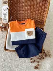 SHEIN 新生兒色塊熊貼布長袖上衣與長褲套裝，100%純棉休閒2件套服飾 - 彩色 - 查看 8