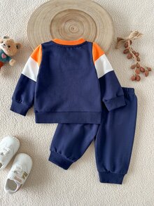 SHEIN 新生兒色塊熊貼布長袖上衣與長褲套裝，100%純棉休閒2件套服飾 - 彩色 - 查看 6