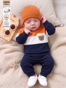 SHEIN 新生兒色塊熊貼布長袖上衣與長褲套裝，100%純棉休閒2件套服飾 - 彩色 - 查看 7