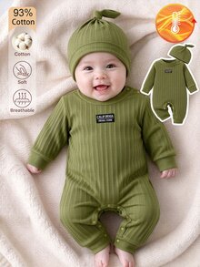 SHEIN 2pcs Newborn Baby Boy Girl Jumpsuit Cute Graphic Olive Green Letter Patch Long Sleeve Ribbed Knit Romper With Hat Set 100 Cotton Fall Winter - Green - View 5