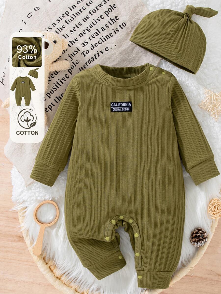 SHEIN 2pcs Newborn Baby Boy Girl Jumpsuit Cute Graphic Olive Green Letter Patch Long Sleeve Ribbed Knit Romper With Hat Set 100 Cotton Fall Winter