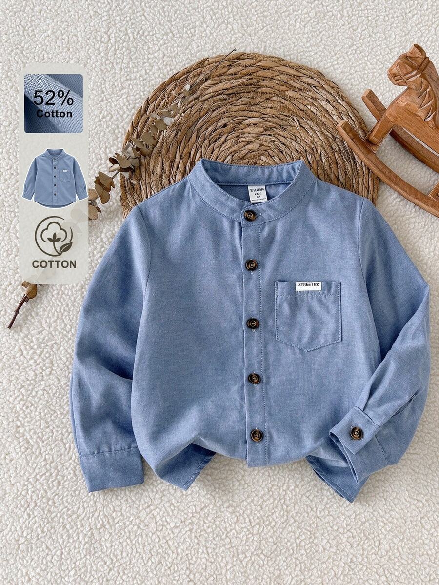 SHEIN Áo sơ mi bé trai màu xanh cổ đứng nhỏ cài nút toàn thân, phù hợp đi học, dạo phố hàng ngày và nhiều dịp, phong cách cowboy mùa thu