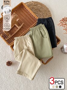 SHEIN 3件組男嬰休閒簡約復古鬆緊腰直筒長褲，附口袋，棕色，秋冬百搭長褲 - 彩色 - 查看 7