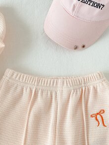SHEIN Toddler Girl Fall 2Pcs Waffle Knit Outfit, Half Zip Bow Embroidery Long Sleeve Sweatshirt & Straight Pants Set - Apricot - View 9