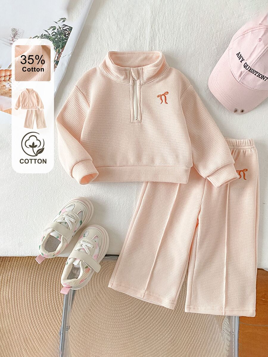 SHEIN Toddler Girl Fall 2Pcs Waffle Knit Outfit, Half Zip Bow Embroidery Long Sleeve Sweatshirt & Straight Pants Set