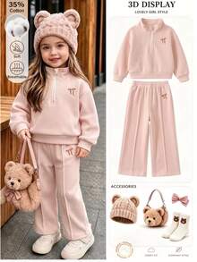 SHEIN Toddler Girl Fall 2Pcs Waffle Knit Outfit, Half Zip Bow Embroidery Long Sleeve Sweatshirt & Straight Pants Set - Apricot - View 5
