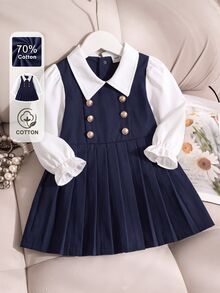 SHEIN 1pc Baby Girls Preppy Style Casual Vintage 2 In 1 Lapel A-Line Dress With Gold Buttons, Navy, Versatile For Daily Wear, Fall & Winter - Multicolor - View 2