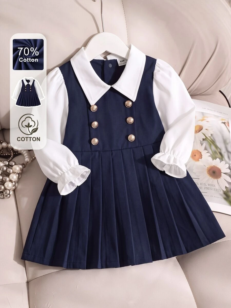 SHEIN 1pc Baby Girls Preppy Style Casual Vintage 2 In 1 Lapel A-Line Dress With Gold Buttons, Navy, Versatile For Daily Wear, Fall & Winter