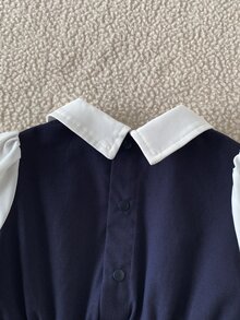 SHEIN 1pc Baby Girls Preppy Style Casual Vintage 2 In 1 Lapel A-Line Dress With Gold Buttons, Navy, Versatile For Daily Wear, Fall & Winter - Multicolor - View 11