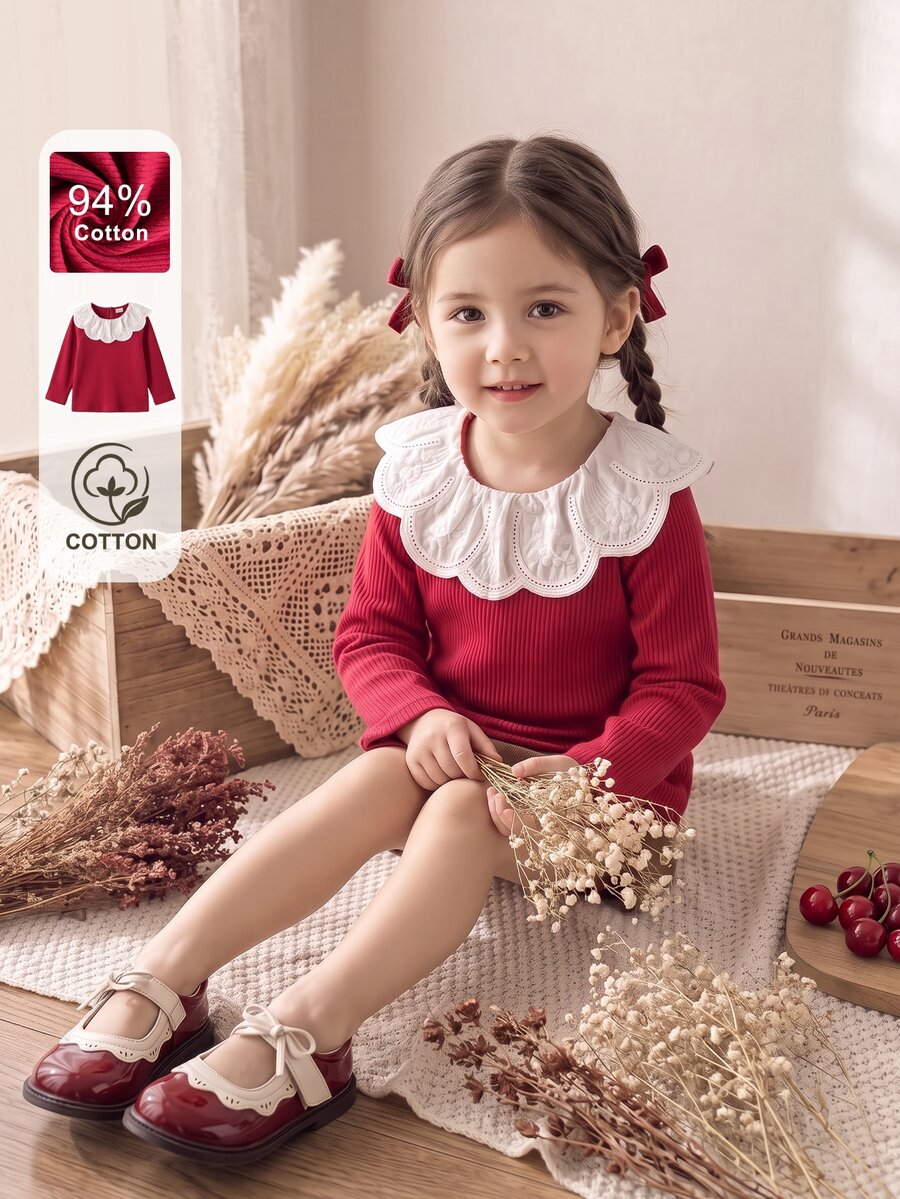 SHEIN Girls' Spring/Autumn Sweet Ruffle Collar Red Cotton Ribbed Long Sleeve Base Layer, Soft Fabric, Back Neck Button For Easy On/Off, Versatile For Vest/Jacket Pairing, Suitable For Shopping, Park, Walking And Outdoor Activities
