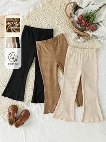SHEIN Girls Ribbed Flared Pants, 4-8Y Spring Autumn Cotton Stretch Long Pants, Young Girl Solid Color Casual Bell Bottom Trousers - Multicolor - View 2