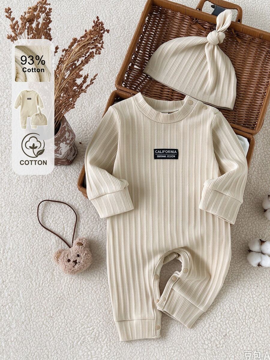 SHEIN Jumpsuit Bayi Baru Lahir dengan Topi, Set Baju Bayi Rajut Bergaris Lengan Panjang, Motif Huruf Lucu, Lembut dan Bernapas, Pakaian Bayi Netral Gender untuk Musim Gugur dan Musim Dingin, Terbuat dari Katun. - Krem - View 1