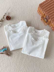 SHEIN 4件組男孩休閒純白色棉混紡圓領長袖T恤，適合學校、內搭、外出等多用途，秋季/ - 白色 - 查看 12